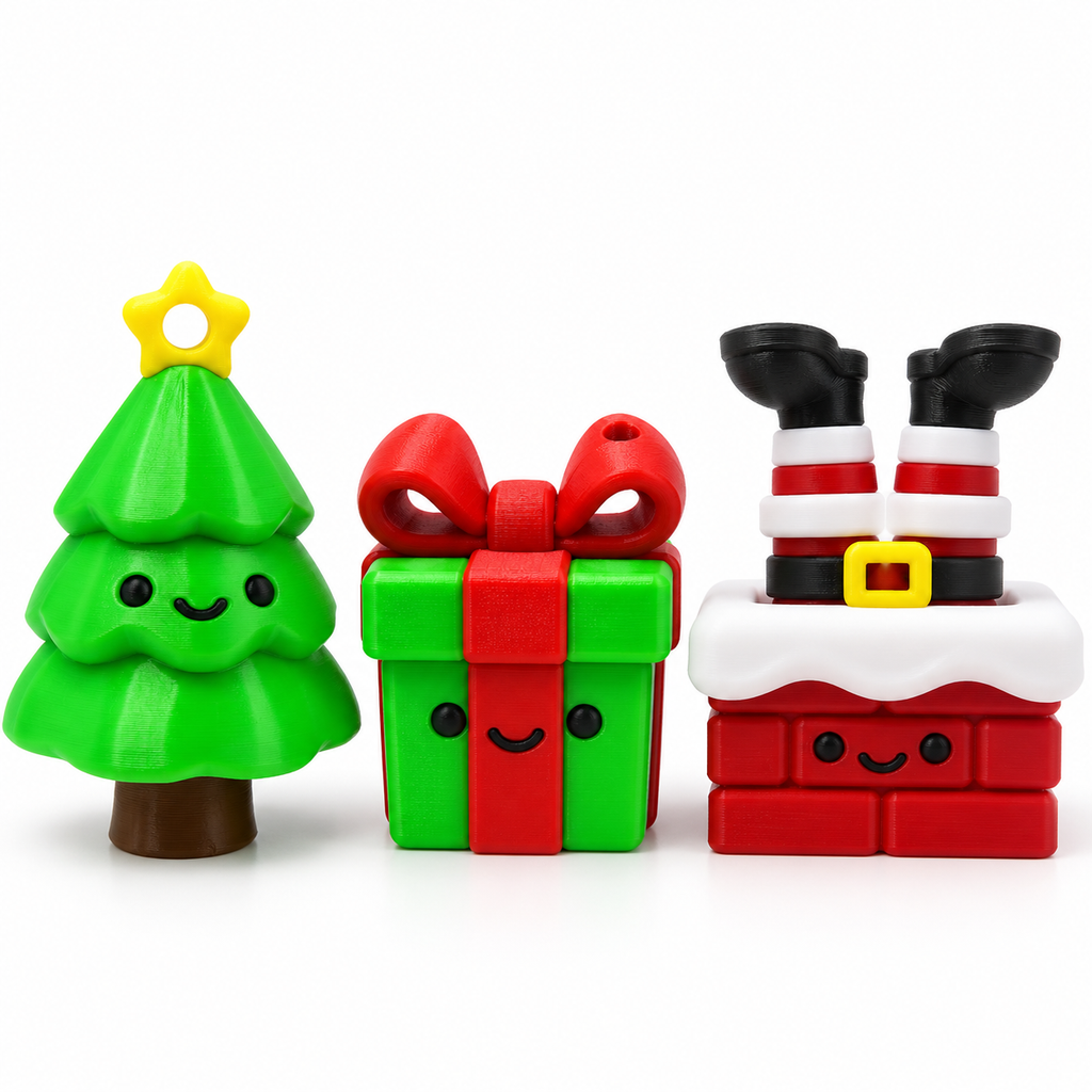 Christmas tree, gift box and Santa chimney fidget clickers shown together on a white background