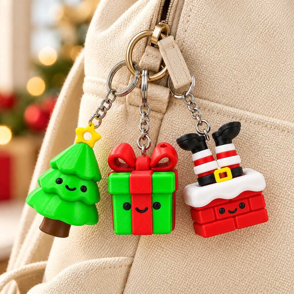 Christmas tree, gift box and Santa chimney designs attached to a canvas bag with key rings