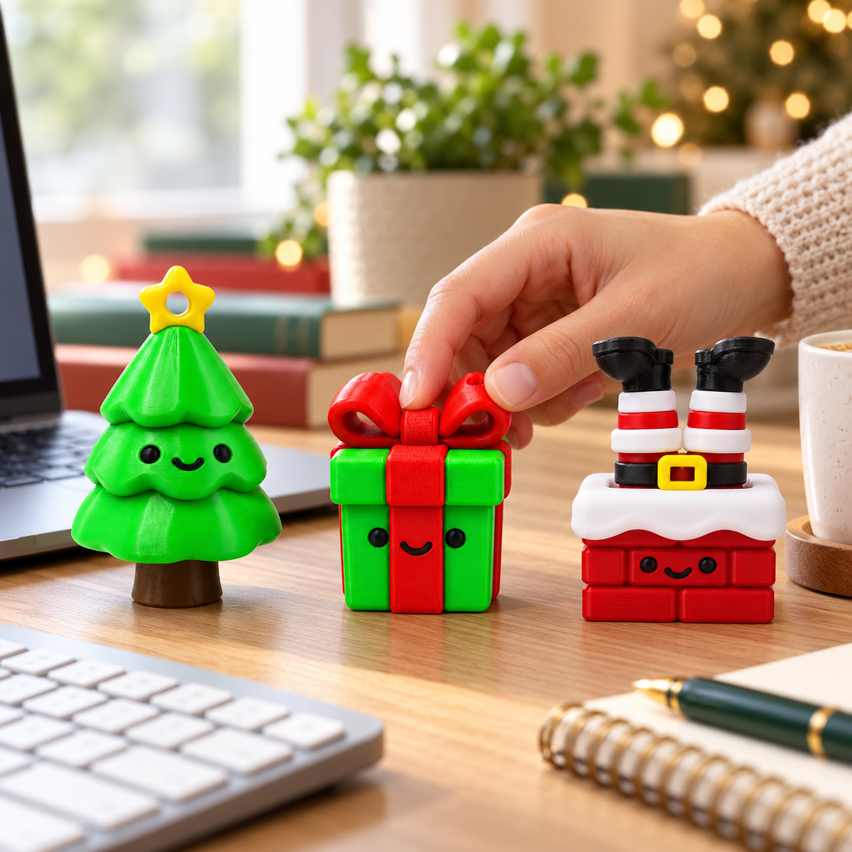 Christmas clicker trio displayed on a desk with a hand pressing the gift box